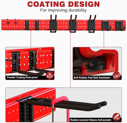 NattyDot Garage Tool Organizer Wall Mount 49.5inch With 9 Hooks,Shovel Holder Wall Mount Ski Rck for Garage Garden Tool Rack Heavy Duty(Red)