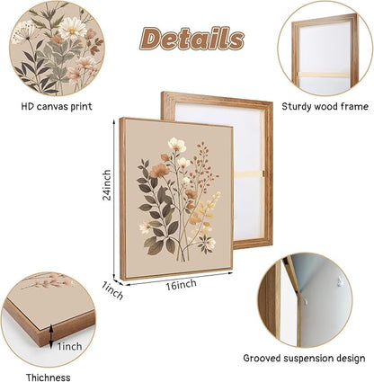 CHDITB Vintage Flower Framed Canvas Wall Art Set, Large Neutral Wildflowers Wall Decor, Farmhouse Floral Artwork Botanical Poster, Modern Art Prints for Living Room Bedroom Office Size 16"x24"