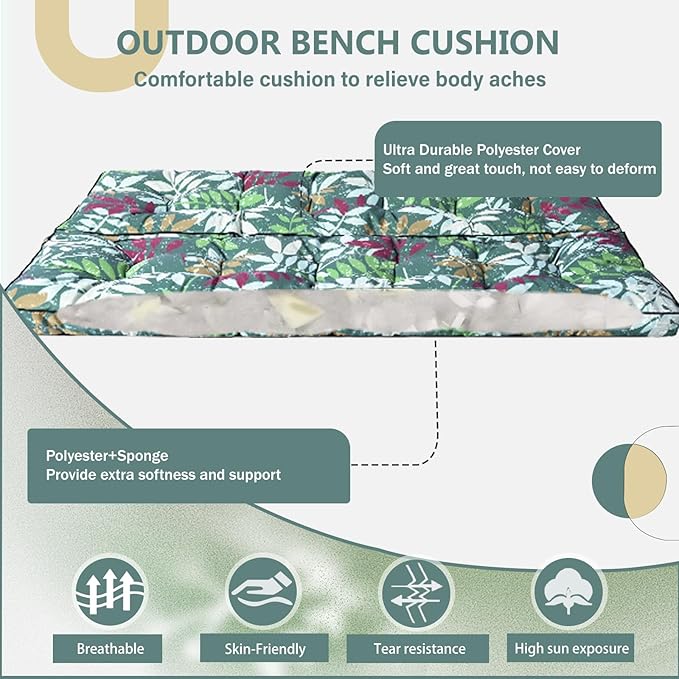 2/3 Seater Swing Replacement Cushion, Waterproof Porch Swing Cushions with Backrest, Thickened Bench Cushions for Outdoor Furniture, for Outdoor Patio Swing (Flower Color, 63 * 40in)