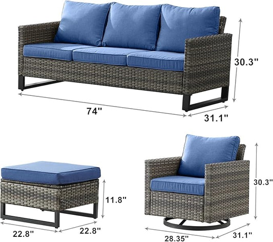 Rilyson Wicker Outdoor Patio Furniture Set - 5 Piece Patio Conversation Set with 2 Swivel Rocker Chairs,2 Rattan Ottoman and 1 Couch for Outside Porch Deck Backyard Garden(Mixed Grey/Blue)