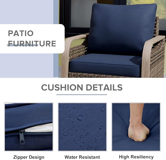 COOS BAY Modern Wicker Outdoor Furniture Set, Patio Conversation Set with Patio Chairs, 3 Seat Couch, and Ottomans, 5 Piece, Brown/Blue