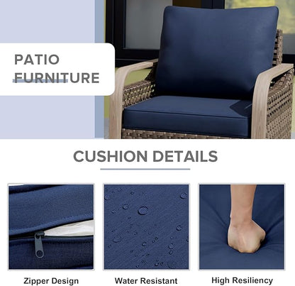 COOS BAY Modern Wicker Outdoor Furniture Set, Patio Conversation Set with 4 Swivel Rockers, 3 Seat Couch, Ottomans, Coffee Table and Side Table, 9 Piece, Brown/Blue
