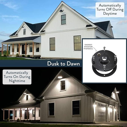 Steel Lighting Co. | Dusk to Dawn | Hawthorne Barn Light | Outdoor Wall Mounted | 8 in Dome | 6 in Straight Arm| Small Farmhouse Light Made in America | Matte Black Exterior/Brass Interior