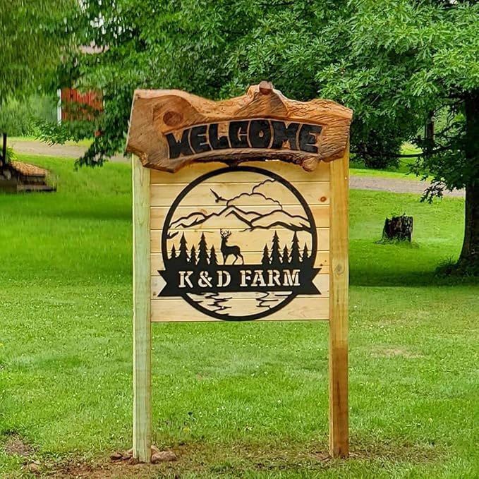 RealSteel Personalized Metal Wall Art - Circular Nature Scene with Mountains, Lake, Deer & Bird - Custom Name on Banner - Outdoor Landscape Decor for Home & Gifts - Black, 30"
