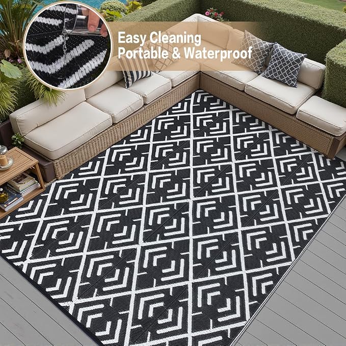 HUGEAR RV Outdoor Rug Waterproof Mat Outdoor Rugs 9'x12' for Patios Clearance Carpet Outdoor Camping Rugs Large Plastic Straw Rug(8x10ft Geometric Black&White)