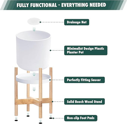 D'vine Dev Planter Pot with Stand - 14 Inch Plastic Cylinder Flower Pot with Wood Planter Holder for Indoor, Matte White Pot + Natural Stand, 55-C-S-1