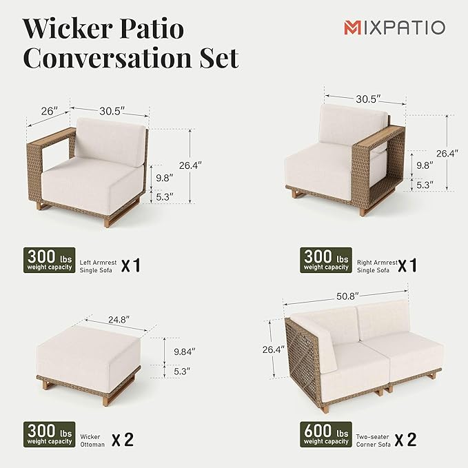 8 Pieces Outdoor Patio Furniture Set, Wicker Rattan Modular Patio Sofa Couch, Sectional Outdoor Conversation Set with 10" Extra Thick Cushions for Deck Backyard Lawn