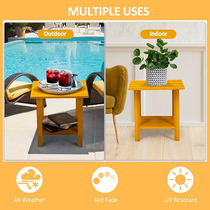 2 Tier Outdoor Side Table with Wood-Like Grain, 16.6" HDPE Adirondack Table Patio Side Table, Weather Resistant End Table for Pool, Patio & Porch, Small Outdoor Table(Tangerine, Rectangle)