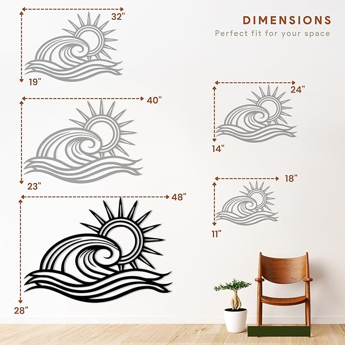 Wita Home Ocean Wave Metal Wall Art, Sun Beach Decor, Coastal Large Wall Sculpture for Home, Indoor/Outdoor Use, Nautical Wall Hanging, Eye-Catching Addition to Living Room (Black, 48 x 28 inches)
