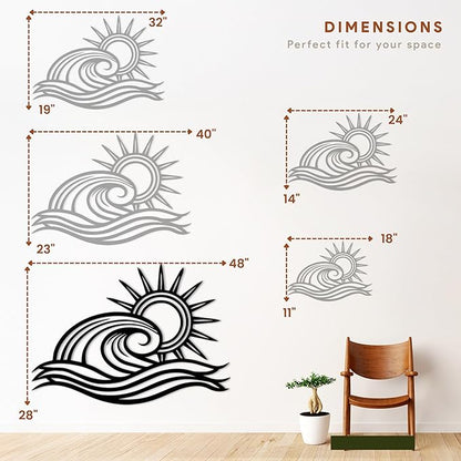Wita Home Ocean Wave Metal Wall Art, Sun Beach Decor, Coastal Large Wall Sculpture for Home, Indoor/Outdoor Use, Nautical Wall Hanging, Eye-Catching Addition to Living Room (Black, 48 x 28 inches)