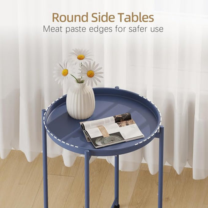 Garden 4 you Small Side Table, Blue Mini Round End Table, Tray Table with Metal Frame, Modern Nightstand for Living Room, Bedroom, Patio, Small Space, 1pcs