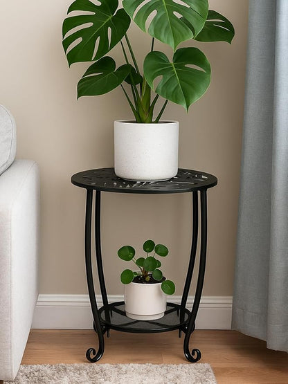 2-Tier Metal Round Side Table Set of Two Black Accent Coffee Tables Small Space Corner Plant Stand Shelf for Indoor Outdoor Porch Patio Balcony Living Room End Table with Storage Weather-Resistant