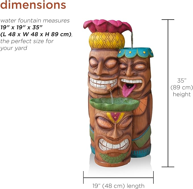 Alpine Corporation - 3-Tiered Colorful Tiki Head Water Fountain, Indoor/Outdoor Tropical Waterfall with LED Lights, for Garden, Patio, Yard, 35" H