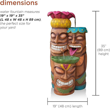 Alpine Corporation - 3-Tiered Colorful Tiki Head Water Fountain, Indoor/Outdoor Tropical Waterfall with LED Lights, for Garden, Patio, Yard, 35" H