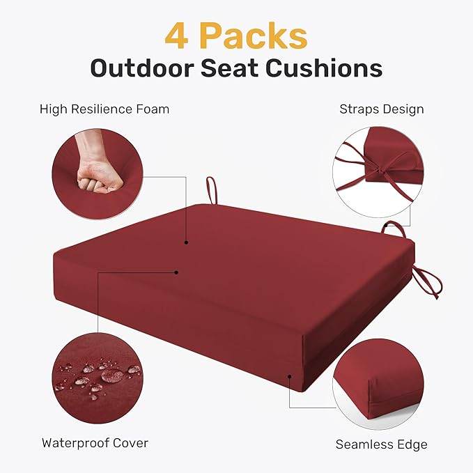 UNIKOME Outdoor Chair Cushions Pack of 4, Water Resistant Patio Cushions with Ties, High Density Sponge Filling Square Corner Seat Cushions for Outdoor Furniture, 24"*24"*4", Wine