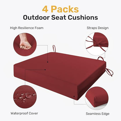 UNIKOME Outdoor Chair Cushions Pack of 4, Water Resistant Patio Cushions with Ties, High Density Sponge Filling Square Corner Seat Cushions for Outdoor Furniture, 19"*19"*3", Wine