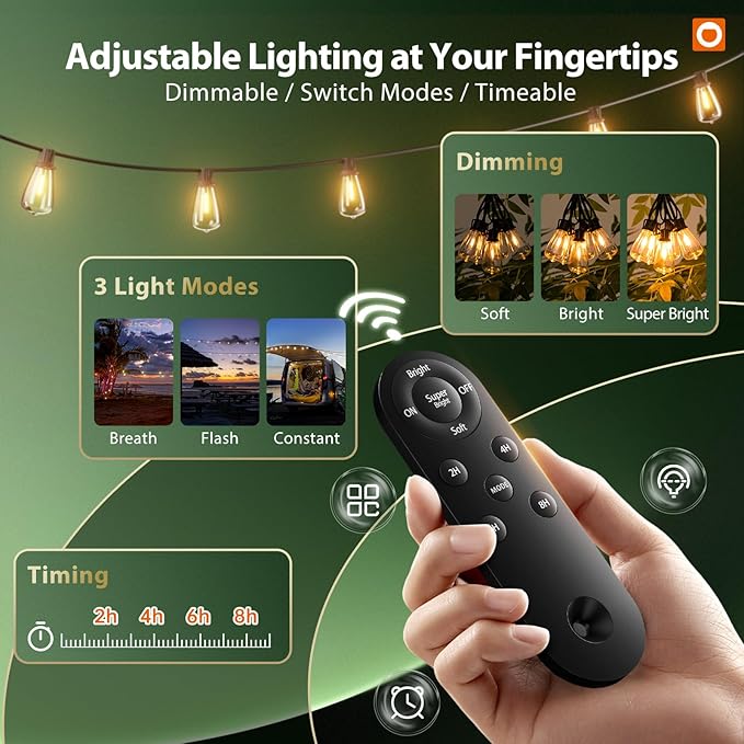 addlon 102FT(96+6) Solar String Lights Outdoor with Remote, Waterproof Patio Lights with 32 LED Bulbs, Dimmable & Timable, Long-Lasting Solar Powered Hanging Light for Outside, Yard, Porch, Camping
