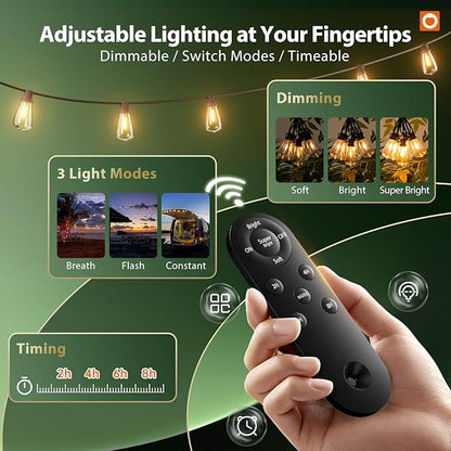 addlon 102FT(96+6) Solar String Lights Outdoor with Remote, Waterproof Patio Lights with 32 LED Bulbs, Dimmable & Timable, Long-Lasting Solar Powered Hanging Light for Outside, Yard, Porch, Camping