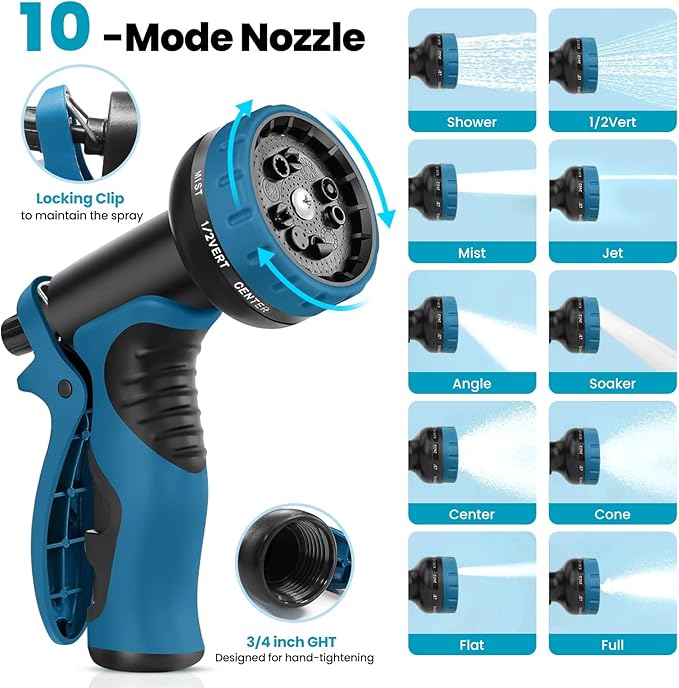 Garden Hose 50FT, Water Hose with 10 Function Nozzle, Garden Hose Metal with Leak-proof Connectors, No-Kink, Lightweight, Puncture-proof, Pet-proof, Sturdy, Hose for Outdoor, Yard