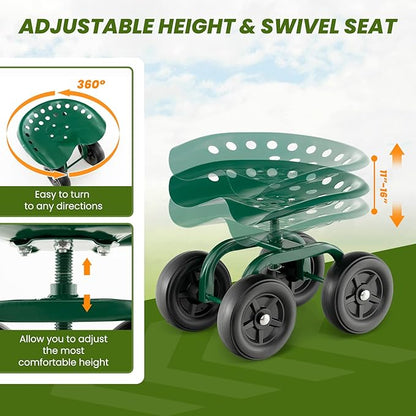 Giantex Garden Cart, Rolling Workseat with 4 Wheels, Garden Stool 360° Swivel Work Seat & Adjustable Height, Heavy Duty Wagon Scooter for Gardening for Patio Garden, Lawn, Yard (Green)