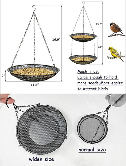 CQAIRIOU Premium Hanging Bird Feeder Tray(2 Set),Size 11.8” Large Platform Bird Feeder Metal Mesh Tray,Wild Bird Feeder for Outside Hanging Seed Platform,Combinable Style to Double Layer