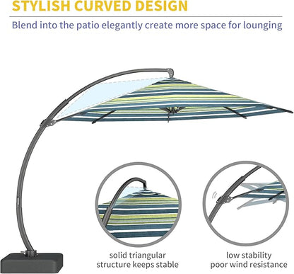 Kingdura 12ft Offset Cantilever Patio Umbrella with Base Included, Large Round Aluminum Outdoor Umbrella, 360° Rotation & Infinite Tilt, Heavy Duty Frame for Deck Pool Backyard, Green Stripe