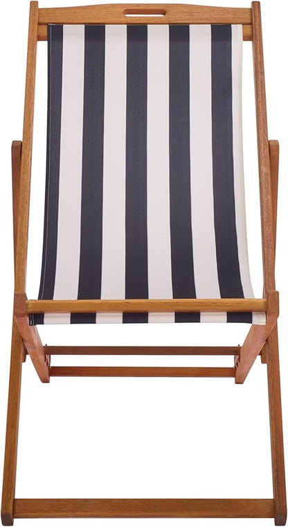 SAFAVIEH Outdoor Patio Furniture Collection – Loren Solid Eucalyptus Wood Folding Sling Chair Set of 2 with Navy & White Striped Fabric Seat, Coastal Style (PAT7040F-SET2)