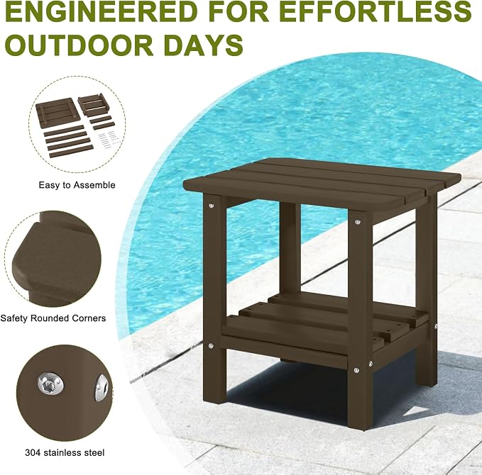 Adirondack Outdoor Side Table, 2-Tier Small Patio End Table, Weather Resistant HDPE Outdoor End Tables for Garden, Lawn, Pool, Beach, Porch, Deck, Backyard - Square, Dark Brown