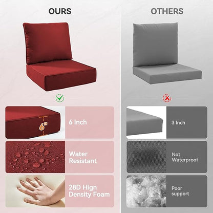 Luxury 6" Outdoor Cushions for Patio Furniture, 24x24x6" Thick Seat Cushion Set of 4, Fade Resistant Couch Chair Replacement Cushions High Density Deep Wicker Chair Cushion w/ Removable Cover, Red