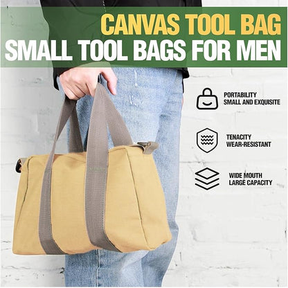 Small Tool Bag, Canvas Tool Storage Bag, Large Capacity Multipurpose Zipper Soft Tote Organizer Pouch for Electrician, Plumbing, Gardening,Tools Bags for Men (Khaki, 18 Inch)