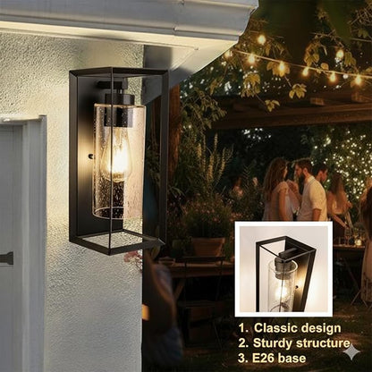 Craly 14" Outdoor Wall Sconce, Exterior Waterproof Wall Light Lantern with Hand-Crafted Clear Seeded Glass Shade, Matte Black, Outside Porch Lights Fixtures for Patio Front Door Entryway 2 Pack