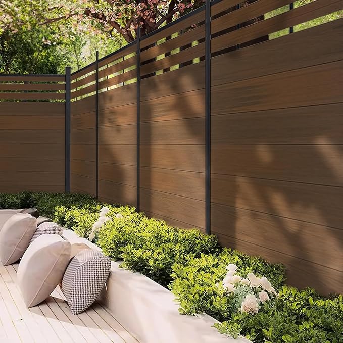 Mondaria Semi-Closed Privacy Fence Panels for Outside, 6ft(W) x 6ft(H) Wind Resistant Wood Plastic Composite Fencing Panels for Patio, Backyard, Garden and Pool (Brown, 2 Posts)