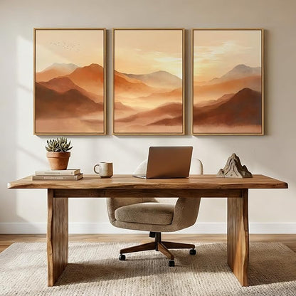 Framed Orange Abstract Mountain Wall Art for Living Room, 3 Piece Large Landscape Sunset Scenic Canvas Artwork for Walls, Modern Terracotta Paintings Prints for Hallway Office Wall Decor, 24x36 Inch