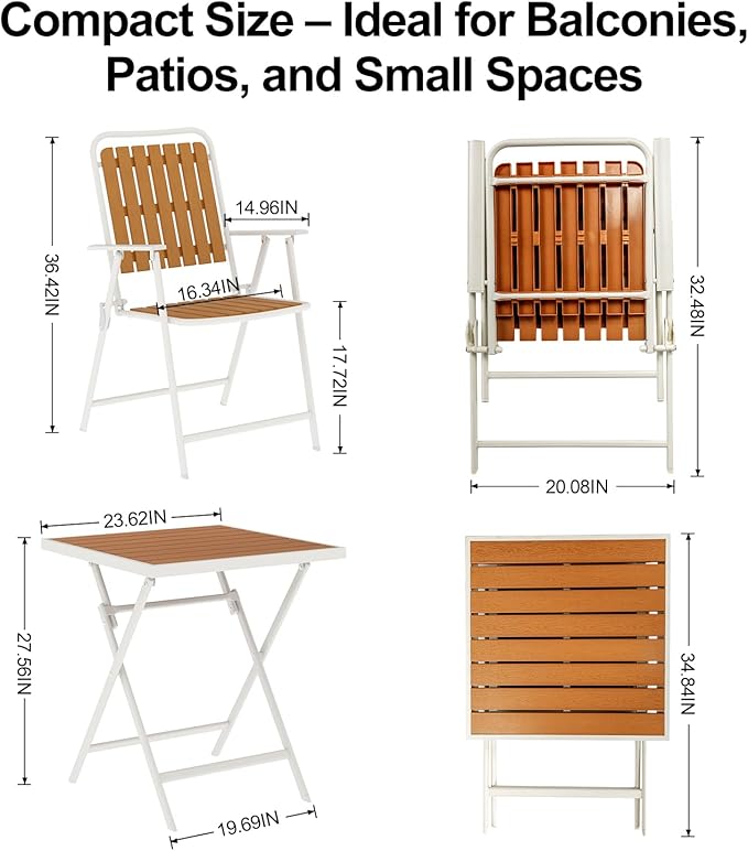 3 Piece Outdoor Bistro Set with Yellow Wood-Look Tabletop, Patio Table and Chairs Set of 2, Folding Small Balcony Furniture for Garden, Deck, Porch, Outdoor Bistro Patio Set