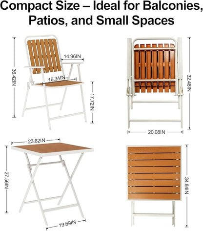 3 Piece Outdoor Bistro Set with Yellow Wood-Look Tabletop, Patio Table and Chairs Set of 2, Folding Small Balcony Furniture for Garden, Deck, Porch, Outdoor Bistro Patio Set