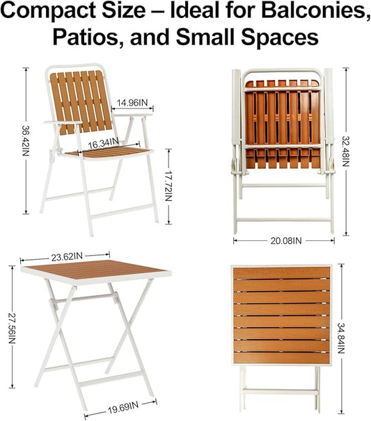 3 Piece Outdoor Bistro Set with Yellow Wood-Look Tabletop, Patio Table and Chairs Set of 2, Folding Small Balcony Furniture for Garden, Deck, Porch, Outdoor Bistro Patio Set