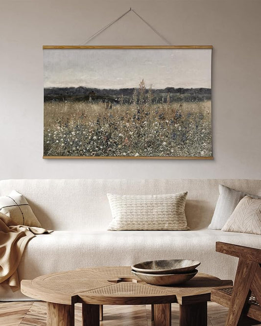ARPEOTCY Extra Large Vintage Framed Wall Art, 36x54 Inch Flower Meadow Landscape Hanging Framed Wall Art Decor for Living Room Bedroom, Canvas Prints, Retro Scenery Pictures Above of Bed