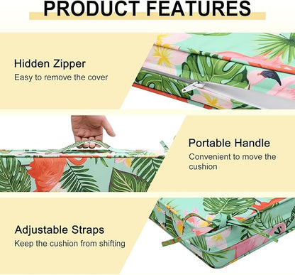 downluxe Outdoor Chair Cushions Set of 4, Waterproof 19" x 19" x 3" Patio Chair Cushion with Non-Slip Ties & Handle, Square Outdoor Cushion for Patio Furniture with Removable Cover, Tropical Flamingo