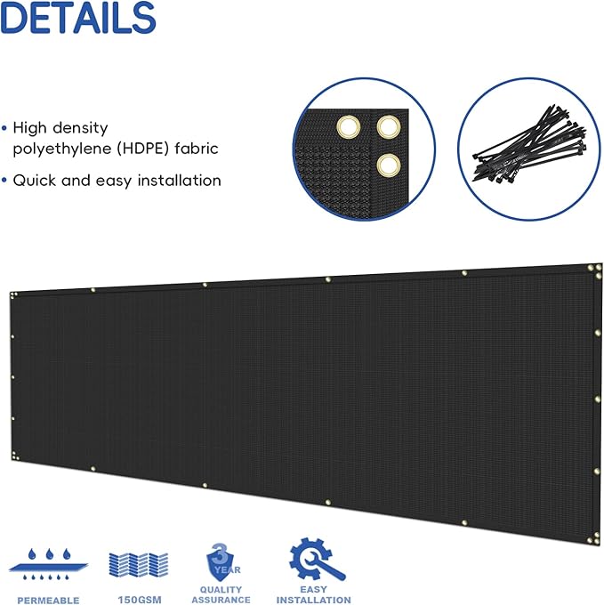 4'x48' Privacy Fence Screen Net Fencing 90% Privacy Blockage Windscreen Fence Cover with Copper Grommet for Patio Backyard Garden Swimming Pool, Zip Ties Included, Black