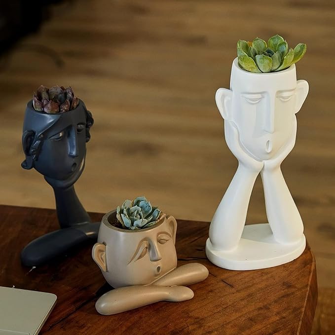 GUTE Human Face Shaped Succulent & Flower Planter Pots - Set of 3- Figurines for Garden - Indoor Outdoor Decorative Garden Figurines, Drainage Holes for Plants Artistic - White, Khaki, Grey