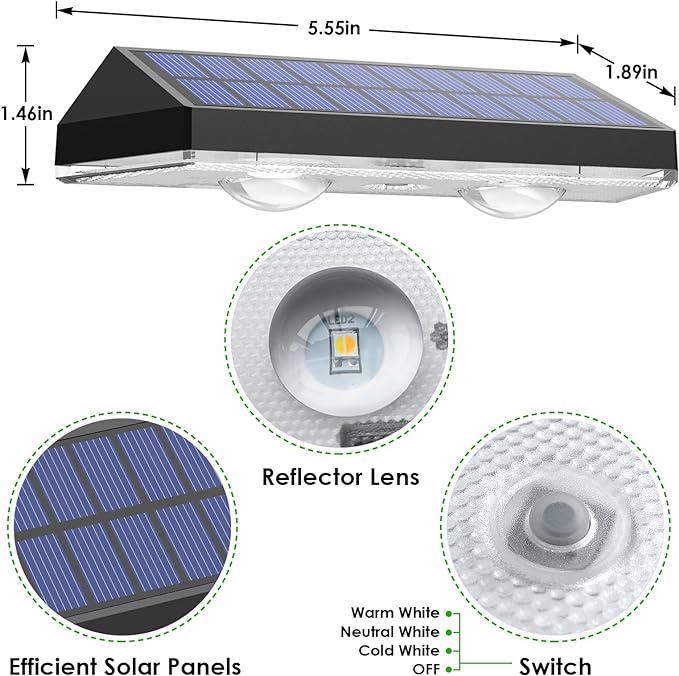 Solar Fence Lights Outdoor Waterproof LED - 3000/4000/6000K 3 Mode, IP65 Waterproof Fence Lights Solar Powered, Solar Wall Lights for Outside, Backyard/Step/Patio/Deck Fence/Stair Railings (12 pack)