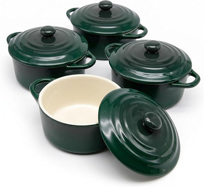 Kook Ceramic Mini Cocotte, Casserole Dish with Lid, 500F, 12 oz, Set of 4, Forest Green