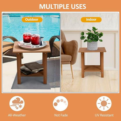 2 Tier Outdoor Side Table with Wood-Like Grain, 16.6" HDPE Adirondack Table Patio Side Table, Weather Resistant End Table for Pool, Patio & Porch, Small Outdoor Table(Teak, Rectangle)