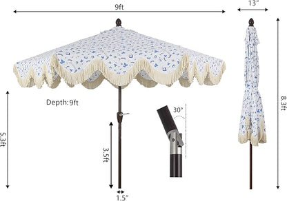 JONATHAN Y UMB1001 Collins 9 ft. Classic Cottage Tassel Market Patio Umbrella with Auto-Tilt, Crank, Wind Vent and UV Protection