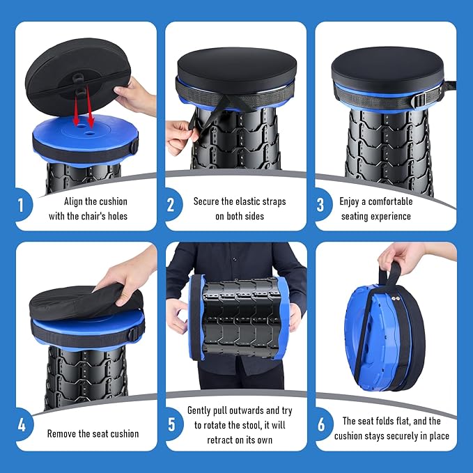 2026 Upgraded Collapsible Stool with Cushion, Portable Folding Stool for Adults Heavy Duty, Camping Stools for Outdoor Camping Travel Hiking Fishing, Adujstable Folding Chair Footrest，Blue