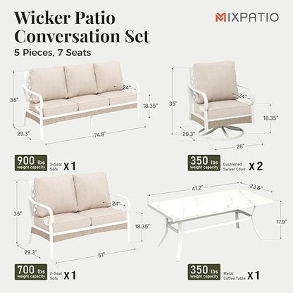 5 Piece Patio Furniture Set, 2 x Swivel Chair, 1 x 2-Seat Sofa, 1 x 3-Seat Sofa with Marbling Coffee Table, All Cushioned 7 Seats Outdoor Conversation Set for Lawn Garden Backyard, Beige