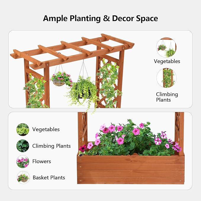 VINGLI Raised Garden Bed with Trellis & Hanging Roof, Wooden Garden Bed, Outdoor Planter Box for Yard, Garden, Balcony