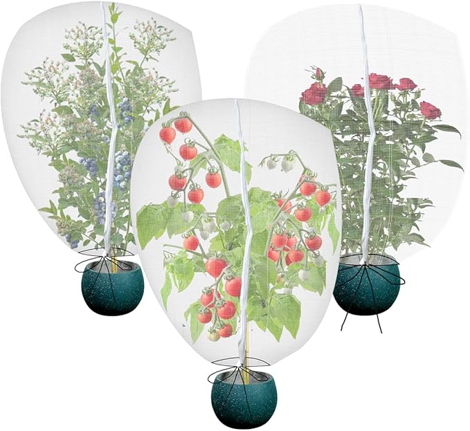Gardtree 3PCS 2.4 x 4 FT Small Garden Plant Netting Covers with Double Zipper & Drawstring – Potted Plant Mesh Cover for Strawberries, Herbs & Flowers – Reusable Anti-Squirrel Barrier