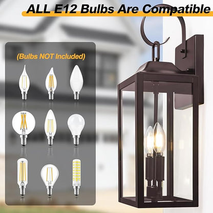 19" Oil Rubbed Bronze Outdoor Wall Lantern 2-Light, Large Outside Modern Sconce Light Fixture, Brown Porch Light Wall Mount with Glass, Waterproof Farmhouse Exterior Lamp Lighting, 2 Pack