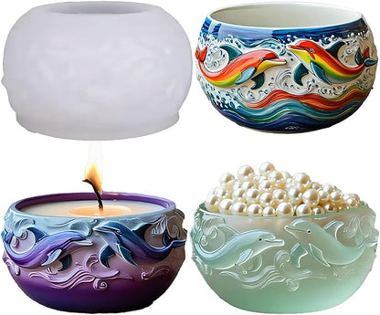 1Pc Dolphin Jar Silicone Mold, 3D Ocean Wave Bowl Resin Mold for Epoxy Casting Succulent Planters, Concrete, Clay, Candle Holders, Storage Box, Trinket Dishes DIY Home Decor Handmade Gifts